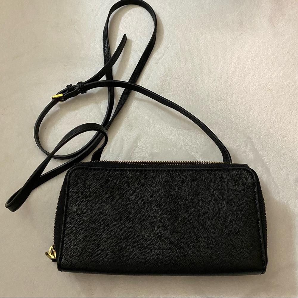 Fossil slim black leather wallet crossbody purse